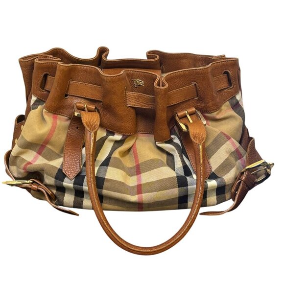 Burberry Handbags - Burberry Brown Leather & Check Canvas Shoulder Bag
